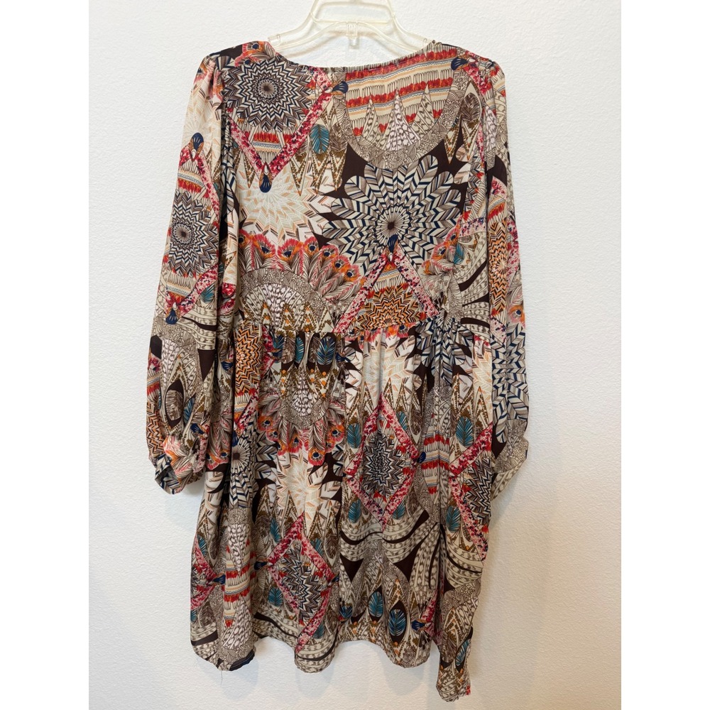 Umgee Plus Womens 2XL Boho Geometric Feather Print Tassel Tunic Dress - Picture 5 of 7